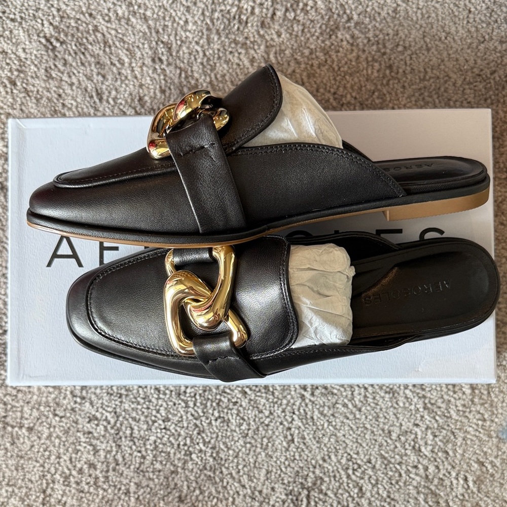 AEROSOLES Black Mules with Gold Chain Accent